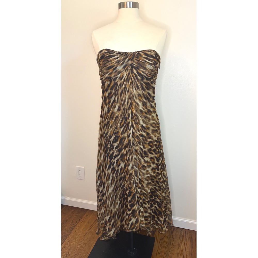 Laundry by Shelli Segal Silk Animal Print Strapless High Low Dress Brown Chic 10